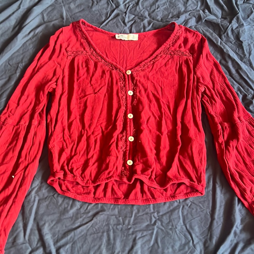 Red button down with bell sleeves size S Holister